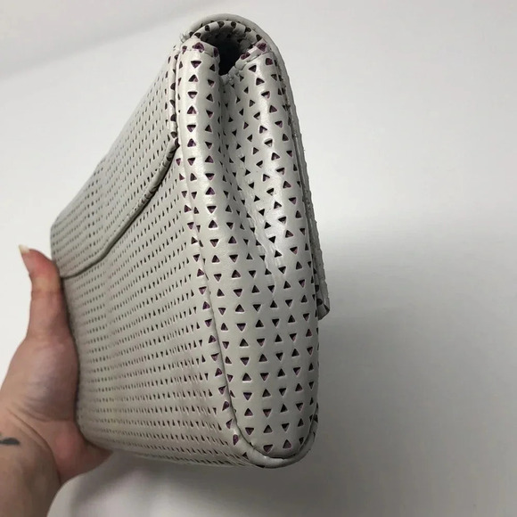 LAUREN MERKIN June Triangle Magnetic Perforated Laser Cut Gray Clutch Purse - Picture 7 of 11